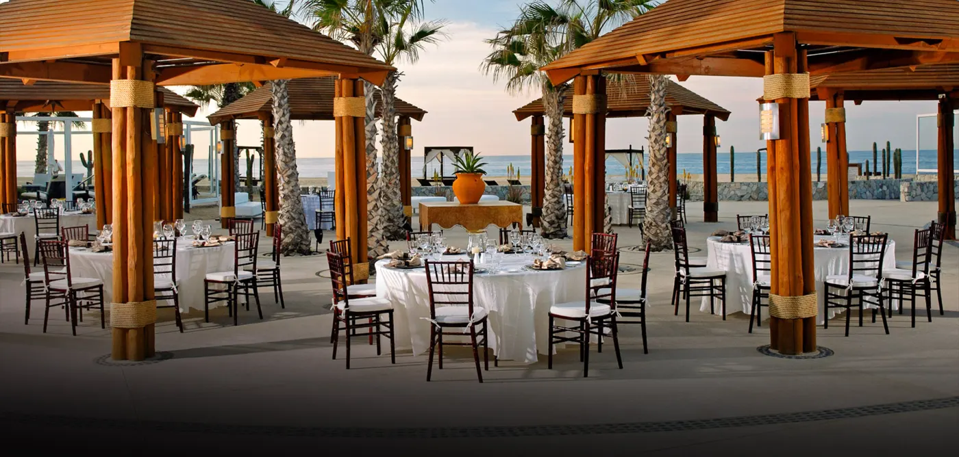 Oceanfront dining pavilions at sunset